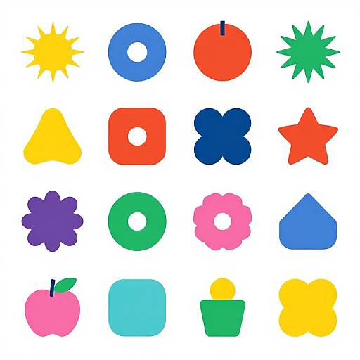 Bright digital illustration of 16 colorful, abstract shapes: sun, circle, red dot, green star, A, red square, blue flower, red