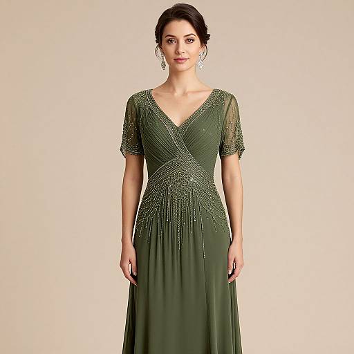 Photograph of a dark-haired woman in a green, sheer-embellished V-neck gown, standing against a plain white background. Elegant, poised