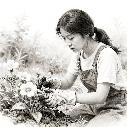 Emotional Sketch of Gardener and Flowers