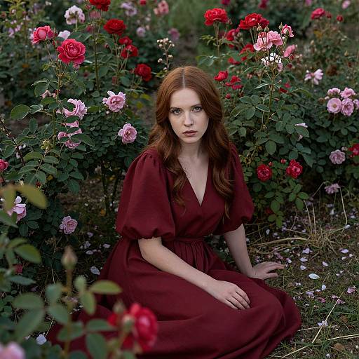 Photograph of a pale-skinned, red-haired woman in a deep red dress, sitting among vibrant red and pink roses, with green foliage in the