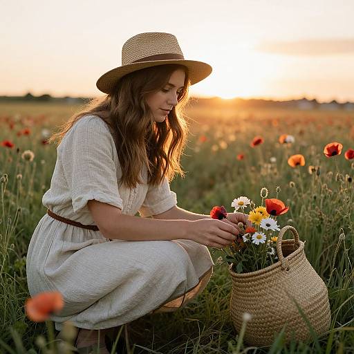 Photograph of a young woman in a white dress and straw hat, kneeling in a sunlit poppy field, picking flowers from a woven basket at