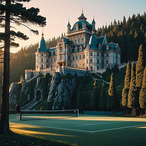 Baroque Palace on Cliff with Tennis Court at Sunset