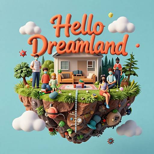 Whimsical digital illustration of a floating island with diverse family members, 