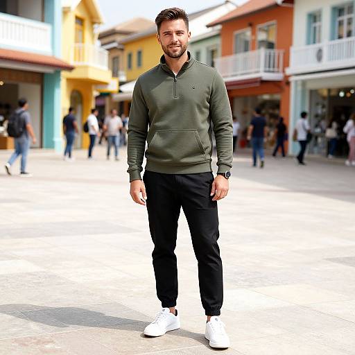 Photograph of a bearded man with short brown hair, wearing an olive green hoodie, black pants, and white sneakers, standing in a sunny,