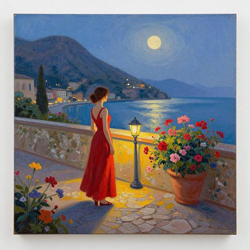 Photograph-style digital painting of a woman in a red dress, facing moonlit Mediterranean sea, standing beside flower pots on a stone balcony.