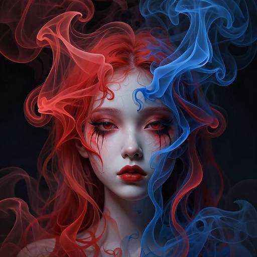 Digital artwork of a pale-faced woman with red and blue smoke swirling around her head, red eyes, and dark makeup, set against a black background.