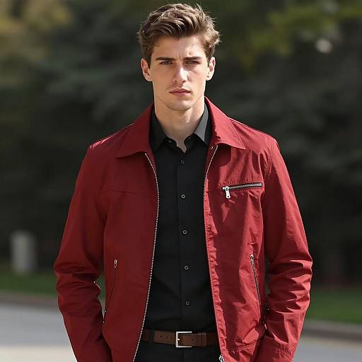 Young man in red jacket outdoors