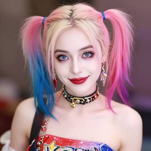 Photograph of a young woman with dyed pink and blue pigtails, pale white face makeup, blue eyes, red lipstick, star earrings,