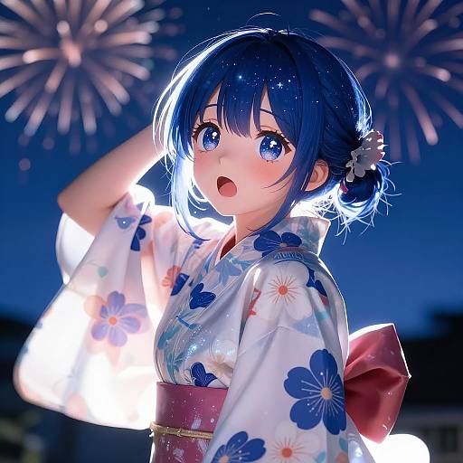 Delicate Floral Yukata Girl at Night