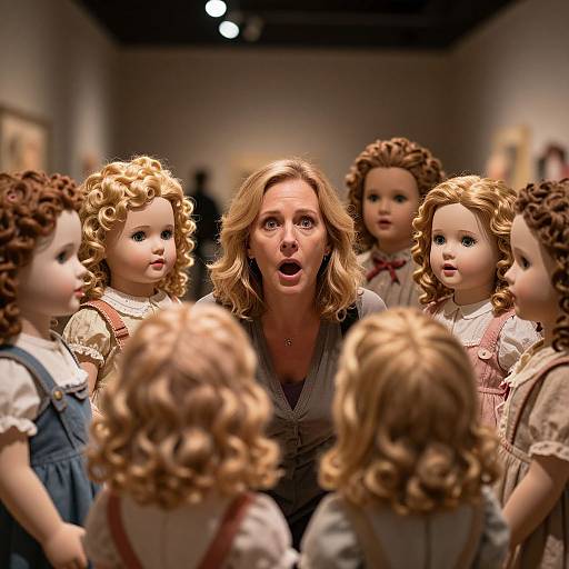 Photograph of a woman with blonde curly hair, mouth open in surprise, surrounded by vintage porcelain dolls with curly hair, in a museum gallery.