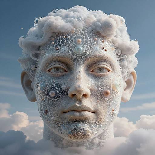 Digital artwork: surreal, close-up of a marble-like, curly-haired male face with cloud textures, bubbles, and circuit patterns, against a bright blue