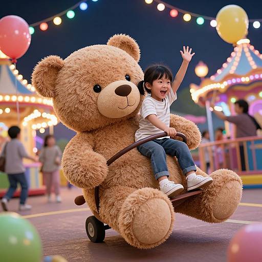 Photograph of an Asian boy with black hair, wearing a white t-shirt and blue jeans, joyfully riding a giant teddy bear on a cart