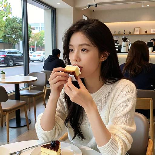 Photograph of an East Asian woman with long black hair, wearing a white knit sweater, eating a sandwich in a modern café. Background includes glass windows