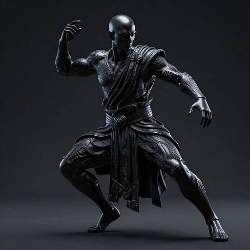 Digital sculpture of a muscular, bald, humanoid figure in a dynamic pose, wearing intricate, patterned armor with a draped sash, rendered in high