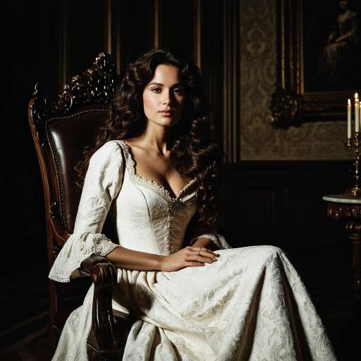 Regal Woman in Vintage White Dress on Ornate Throne