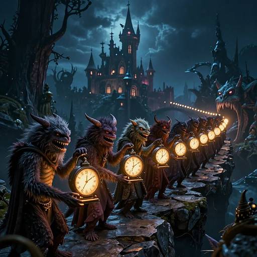 Fantasy artwork: Furry, horned creatures with glowing lanterns march towards a dark, moonlit castle, surrounded by eerie, shadowy forest