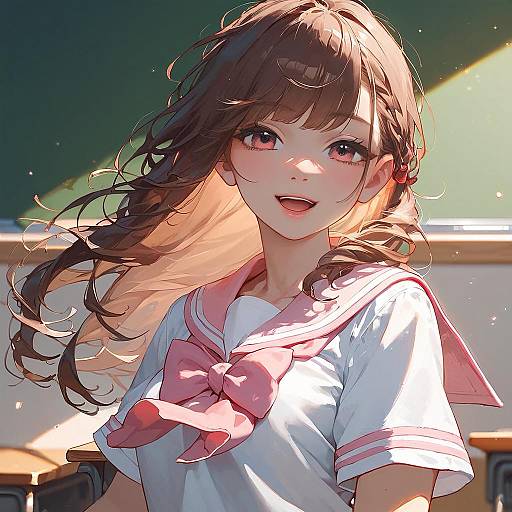 Digital anime-style drawing of a cute, smiling teenage girl with long brown hair in a white sailor uniform with pink bow, sunlight illuminating her, classroom