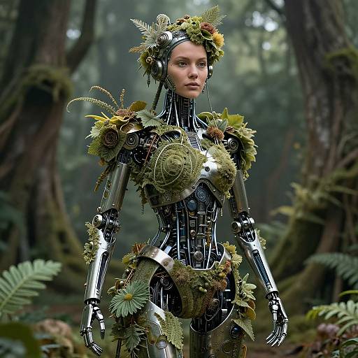 Photorealistic CGI of a humanoid robot adorned with greenery, standing in a misty forest. The robot has metallic joints, ferns, and