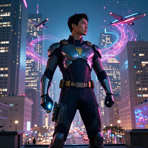 Photorealistic CGI of a muscular man in a black, glowing, futuristic superhero suit, standing confidently in a neon-lit cityscape at night,