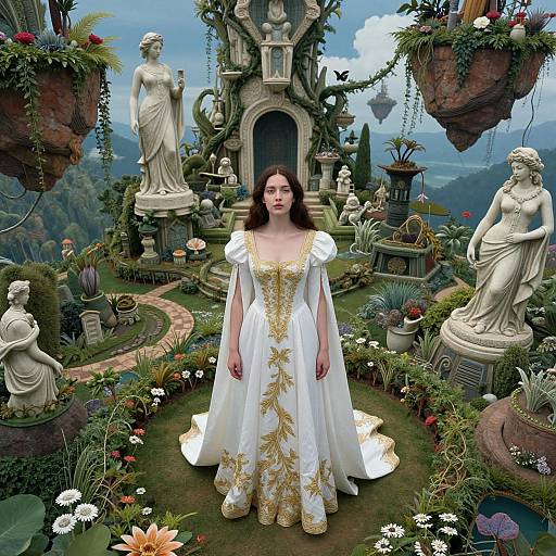 Digital artwork: Pale-skinned woman in white, gold-embellished gown stands center of whimsical, fantasy garden with marble statues, lush plants