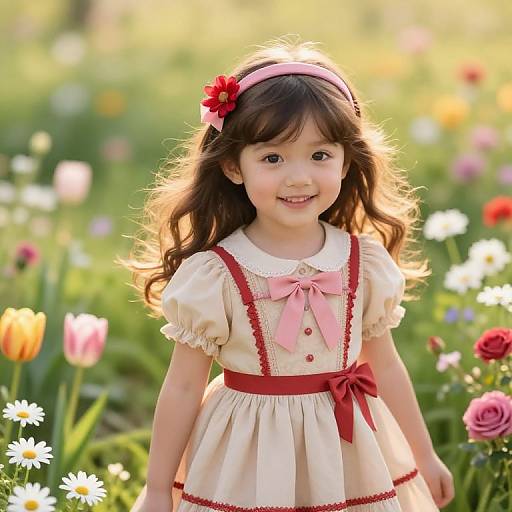 Photograph of a smiling young Asian girl with long brown hair, wearing a red flower headband, pink bow, and cream dress with red trim,