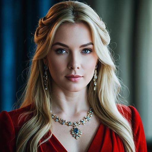 Blonde Woman in Red Dress with Jewelry