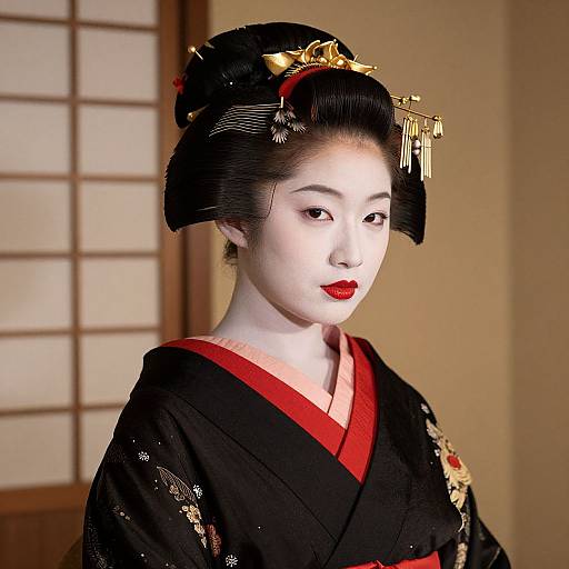 Photograph of a Japanese geisha with pale skin, red lipstick, black kimono with red trim, and ornate black hair accessories, standing in