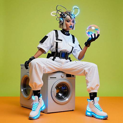 Photograph of a futuristic, cyberpunk woman with glowing headgear, white outfit, and neon shoes, sitting on washing machines, holding a glowing orb