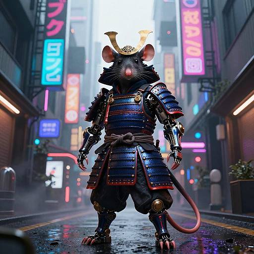 Cyberpunk Rat Samurai in Futuristic Tokyo