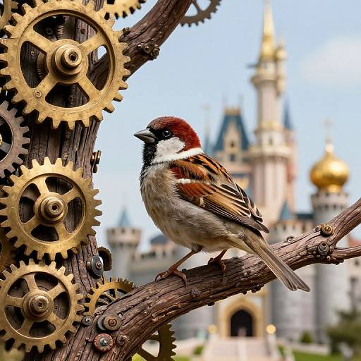 Photograph of a red-breasted house sparrow perched on a wooden branch with brass gears, in front of a blurred, fairy-tale castle