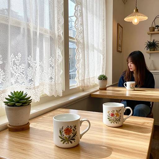 Photograph of a woman with long brown hair sitting in a sunlit café, wearing a black sweater, beside lace-curtained windows, with p