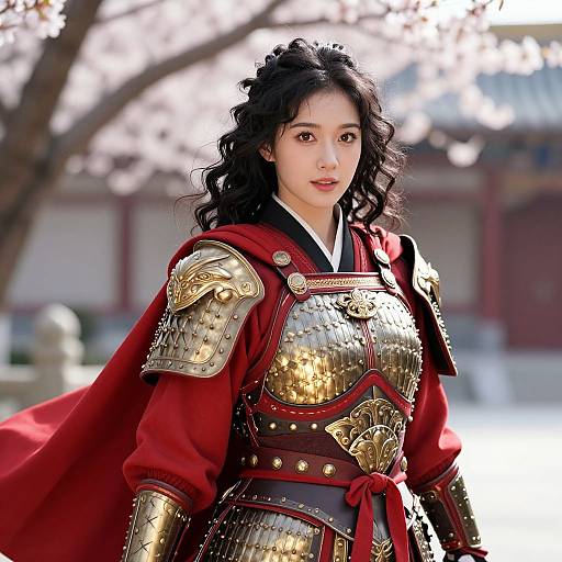 Photorealistic image of an Asian woman with long black hair, wearing ornate gold and red samurai armor, standing outdoors with blurred trees and traditional