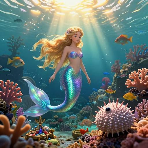 Digital art of a beautiful mermaid with long blonde hair, shimmering blue scales, and a purple seashell top, swimming in a vibrant underwater