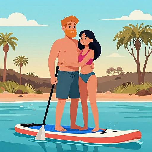 Cartoon Couple Paddle Boarding Outback