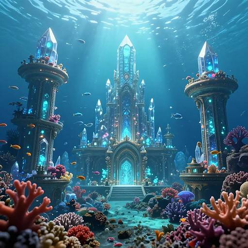Underwater fantasy castle with glowing blue crystals, surrounded by colorful coral reefs, illuminated by sunlight rays, and swarming with vibrant fish. Digital artwork.