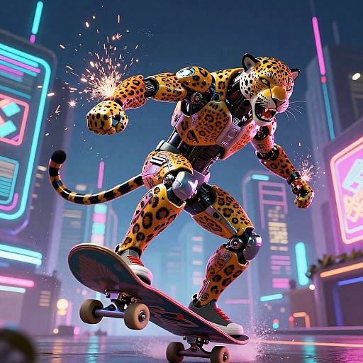 CGI image of a robotic leopard in a neon-lit city, riding a skateboard with sparks flying from its hands.