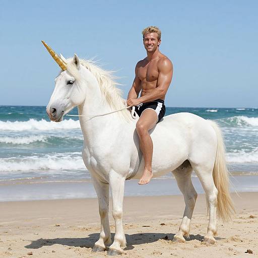 Muscular Man Riding Unicorn on Beach