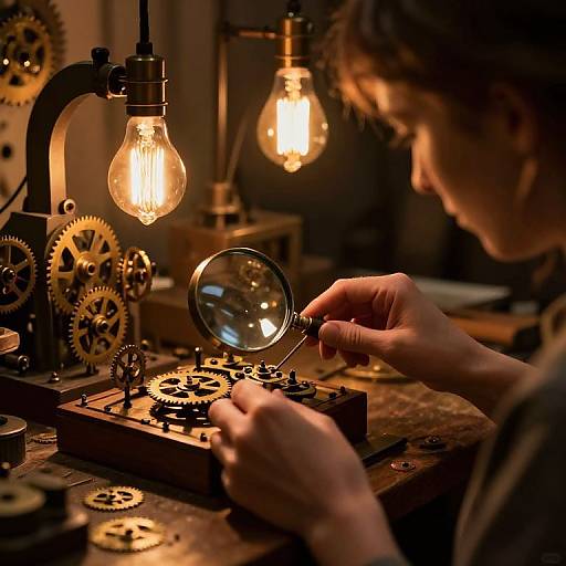 Photograph of a person with short brown hair, focused on assembling intricate brass gears and cogs under warm, yellow-hued industrial lighting.