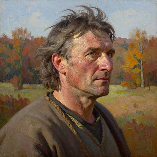 Digital painting of a middle-aged man with disheveled gray hair, wearing a brown shirt, standing in an autumn forest. Realistic style, detailed