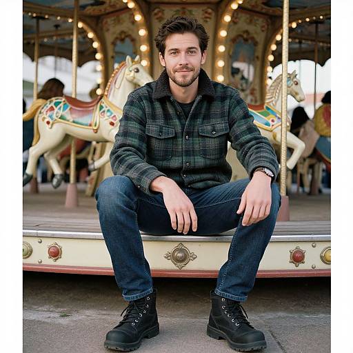 Photograph of a bearded man with dark hair, wearing a green plaid shirt, blue jeans, and black boots, sitting on a vintage carousel