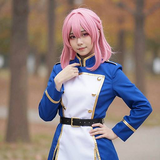 Photograph of a young woman with pink hair in a blue and white military-style cosplay uniform, standing outdoors with a forest background.