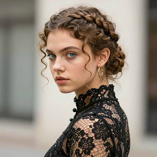 Elegant Young Woman in Black Lace Top