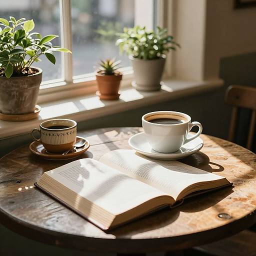 Photograph of a sunlit wooden table with an open book, two cups of coffee, and potted plants on a windowsill.