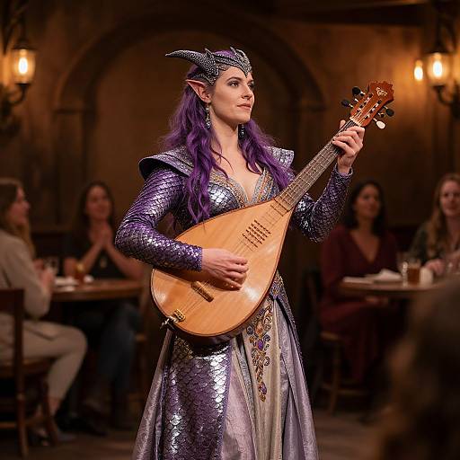 Photograph of a woman with purple hair and dragon-like horns, wearing a shimmering purple dress, playing a mandolin on a dimly lit stage