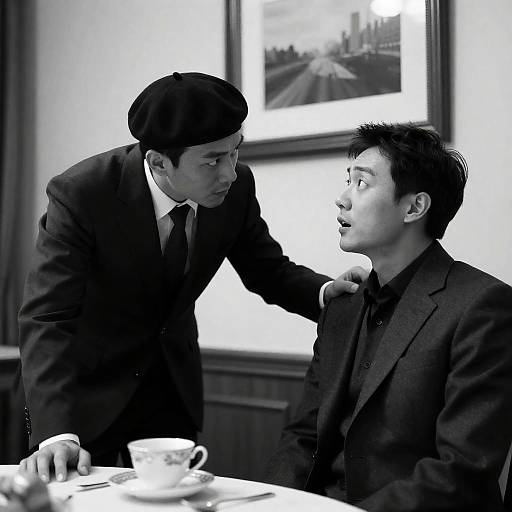 Intense Conversation Between Two Men in Black and White