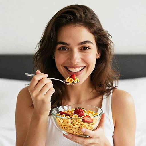 Photograph of a smiling young woman with dark hair, wearing a white tank top, holding a bowl of strawberry yogurt with a spoon, against a white