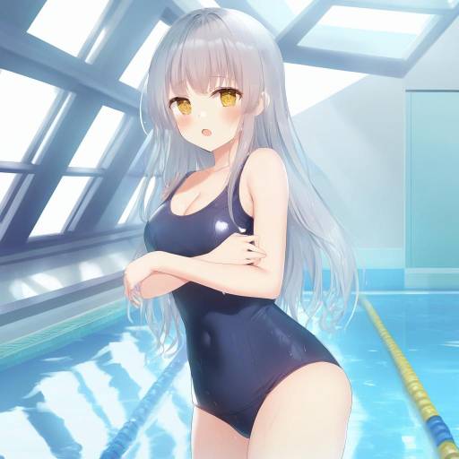 Shy Girl in School Swimsuit at Pool