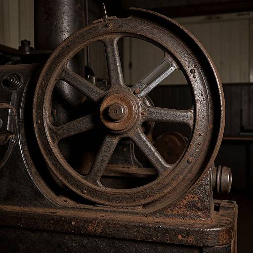 Close-up photograph of a rusted, metal industrial wheel with five spokes, mounted on a weathered machine in a dimly lit workshop.