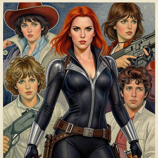 Digital comic-style illustration of a fierce red-haired woman in a black, form-fitting leather suit, surrounded by four gun-wielding characters in white shirts