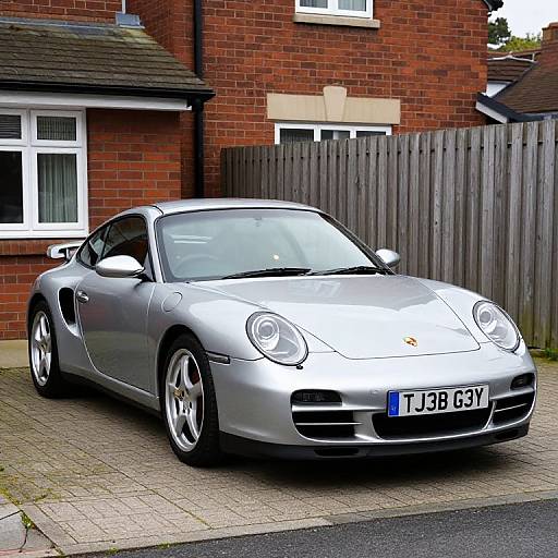 Photograph of a silver Porsche 911 GT3 parked on a brick driveway, with a red-brick house and wooden fence in the background. License